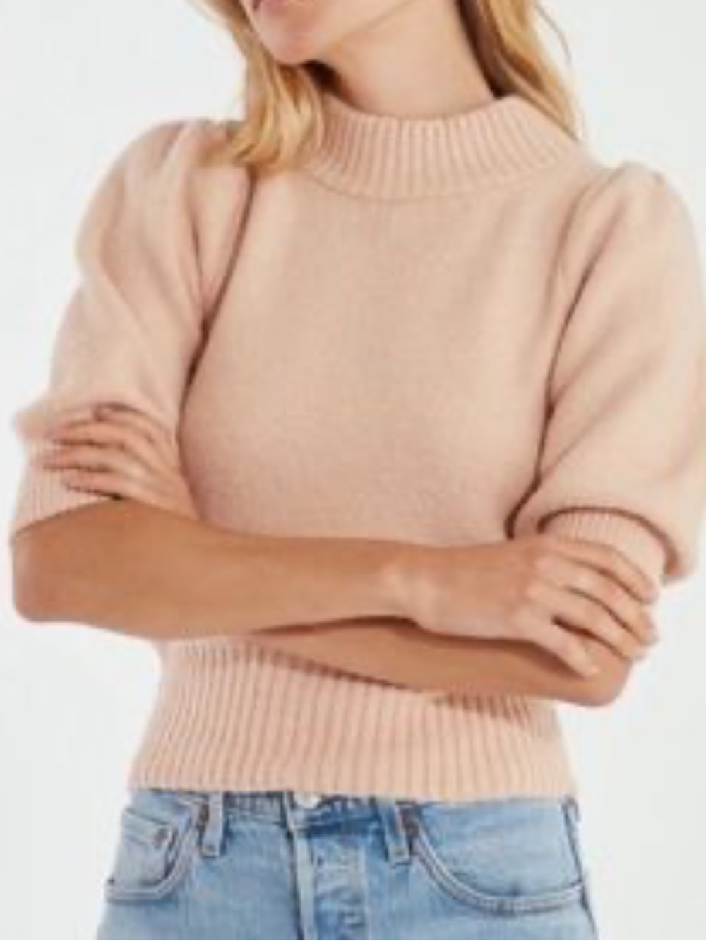 Free People Sugar Pie Sweater Top Clay Blush Pink Wool Blend Puff 3/4 Sleeve NWT